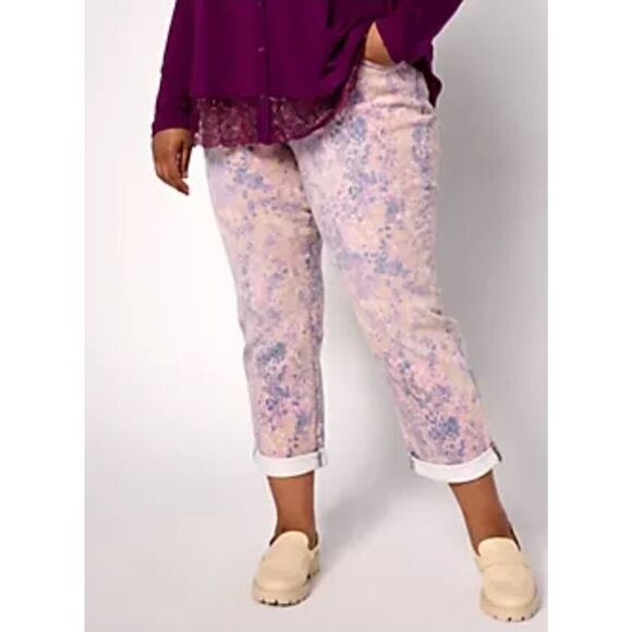 LOGO by Lori Goldstein Printed Boyfriend Jeans Purple Combo | 16 EUC Boho - Picture 1 of 10